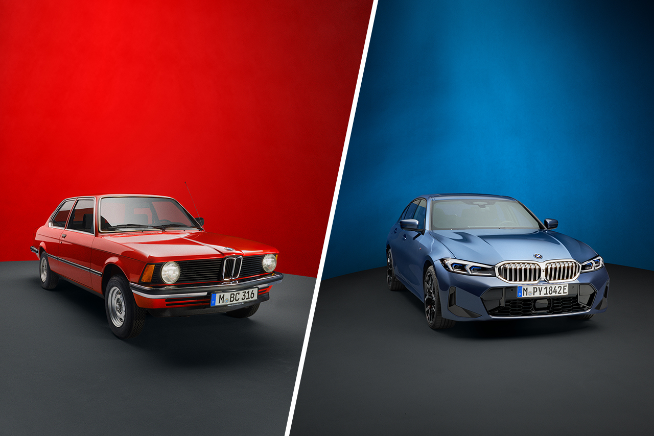 The first-ever – and the latest – BMW 3 Series: A BMW E21 in red (left) and a BMW G20 Sedan in blue (right), both pictured from the front right.