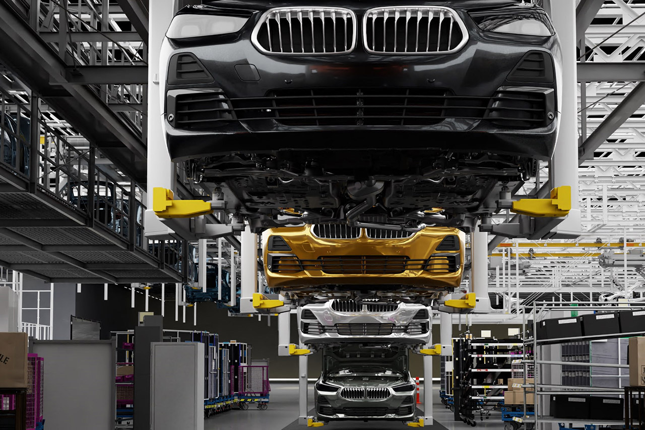 Vehicles are automatically transported through the factory