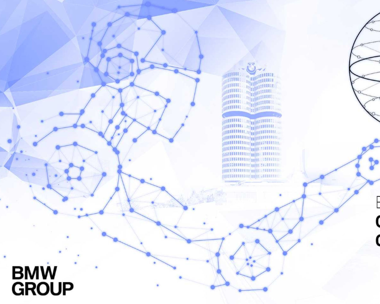 Graphic with blue geometric shapes and lines representing a network. In the background, a building of the BMW Group is visible.