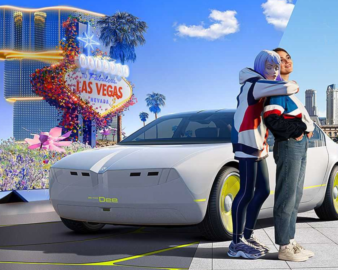 Two people embrace in front of a futuristic car in an urban setting with the Las Vegas sign in the background.