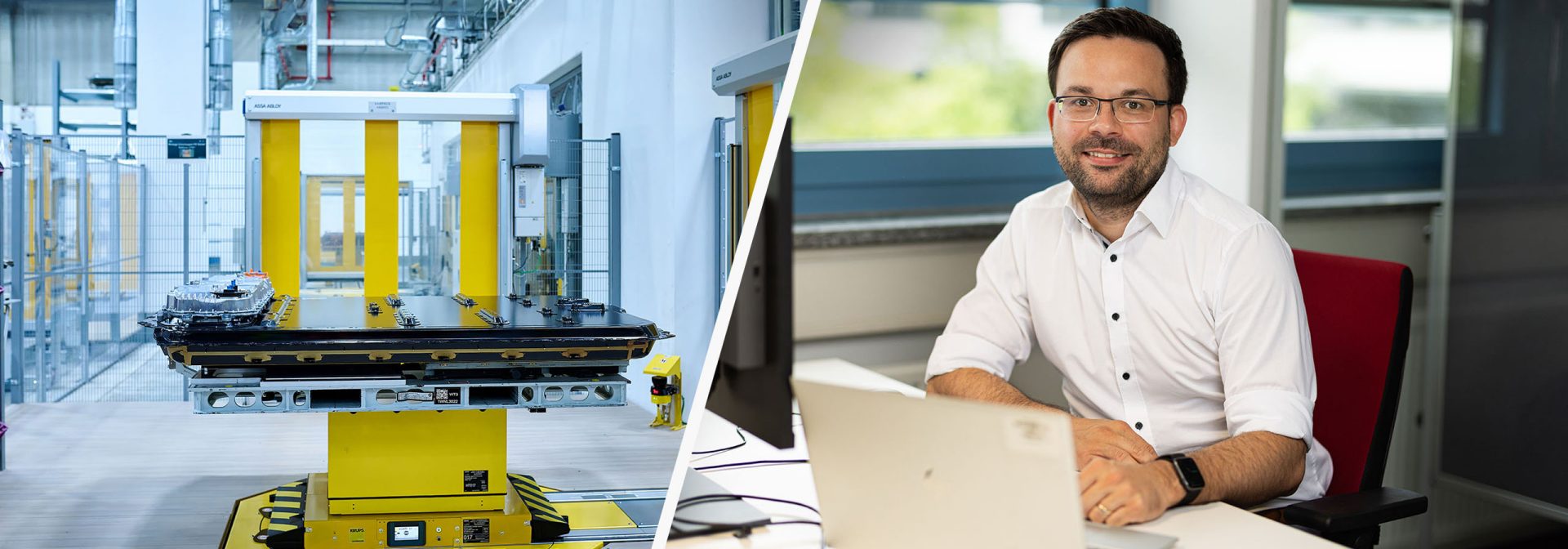 Left: Production of Gen6 high-voltage batteries at the BMW Group / Right: Patrick Zimmerman, data scientist and IT project manager with the BMW Group