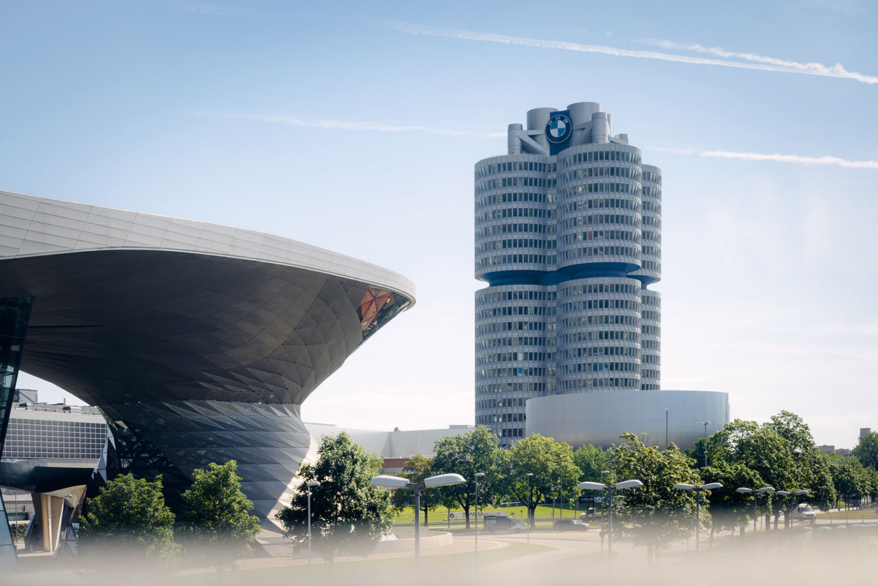 Exterior view of the BMW Welt and BMW four-cylinder