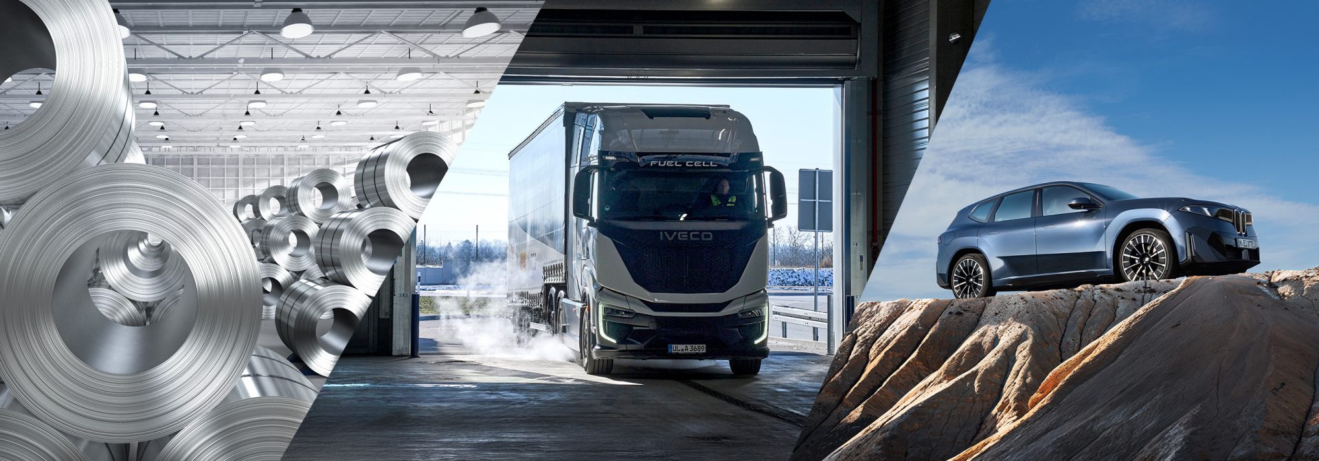 A vehicle and a truck are in a large storage room.