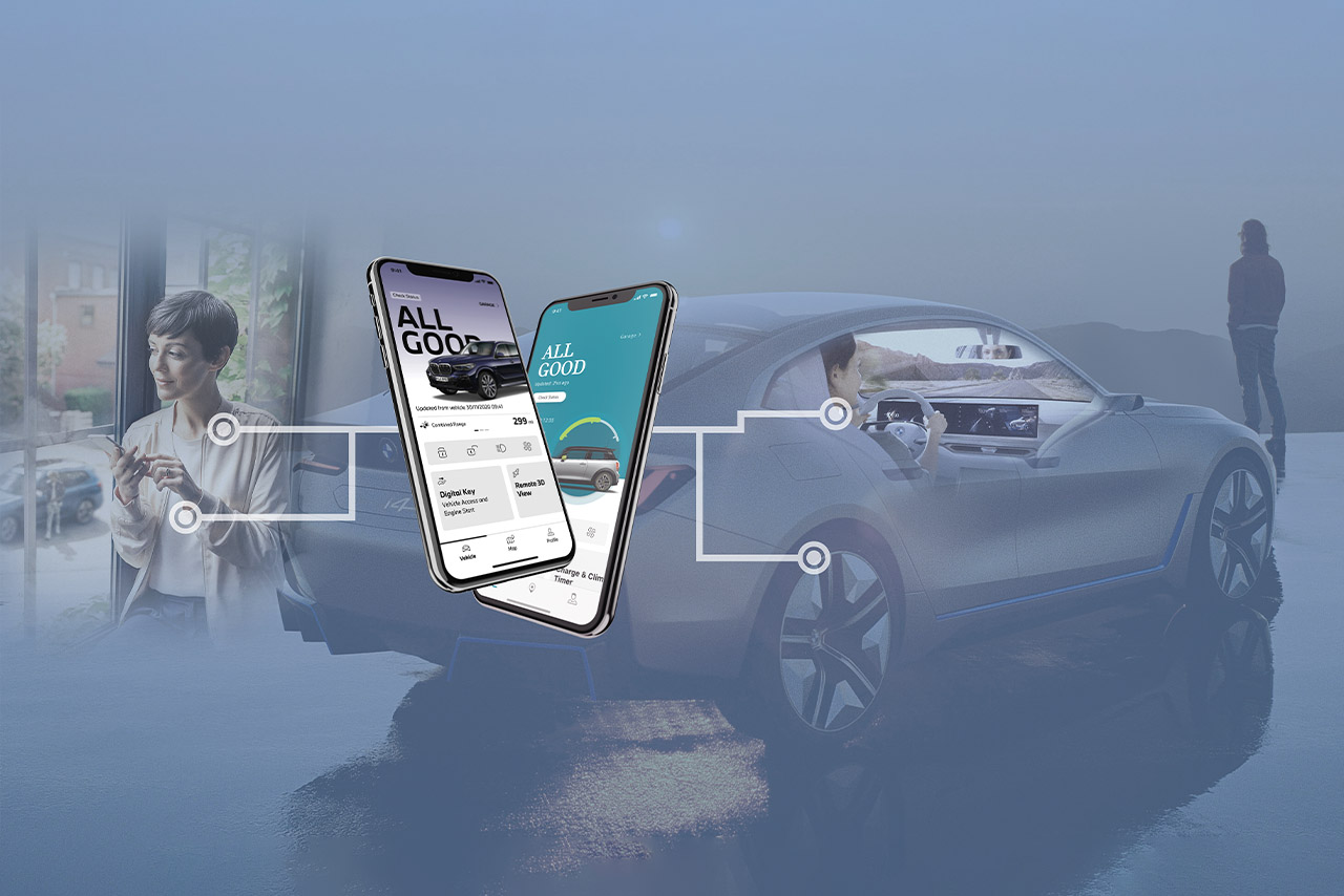 Zwei Smartphones, die mit dem System eines Autos digital verbunden sind