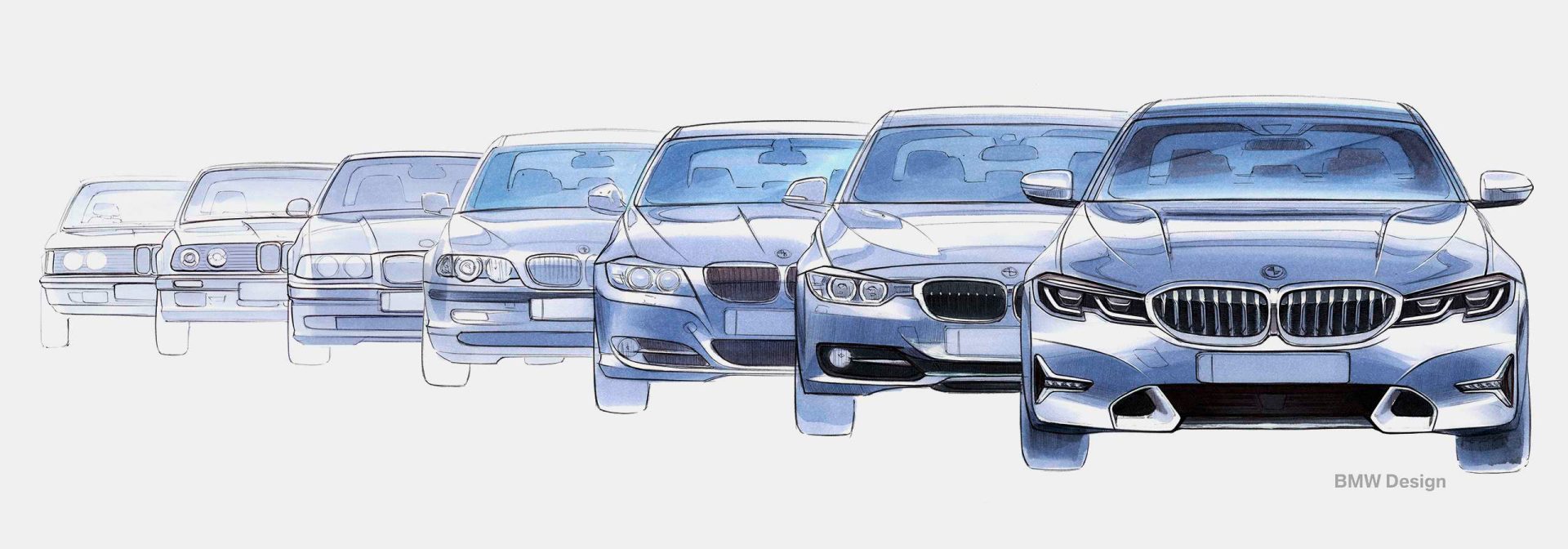 Alle Generationen 3er BMW nebeneinander skizziert