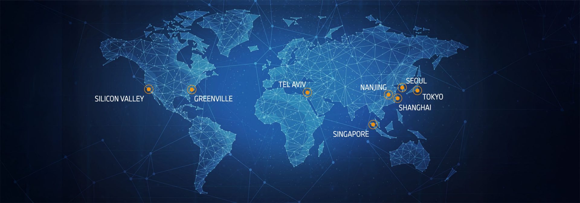 Weltkarte mit markierten Städten: Silicon Valley, Greenville, Tel Aviv, Singapur, Nanjing, Seoul, Tokio, Shanghai. Verbindungsnetz aus Linien und Punkten.