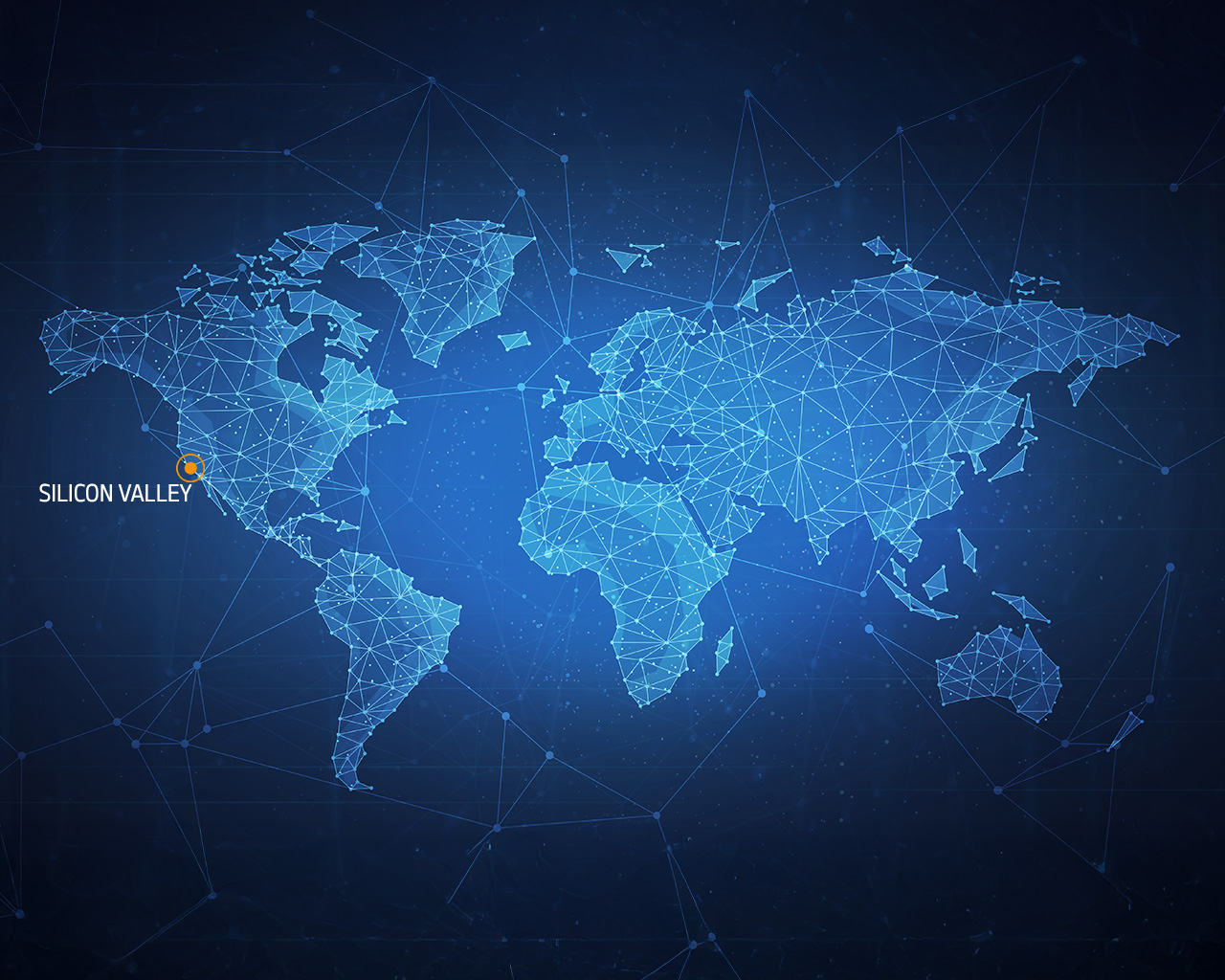 Weltkarte mit einem Netzwerk aus blauen Linien und Punkten. Silicon Valley ist in orange hervorgehoben.