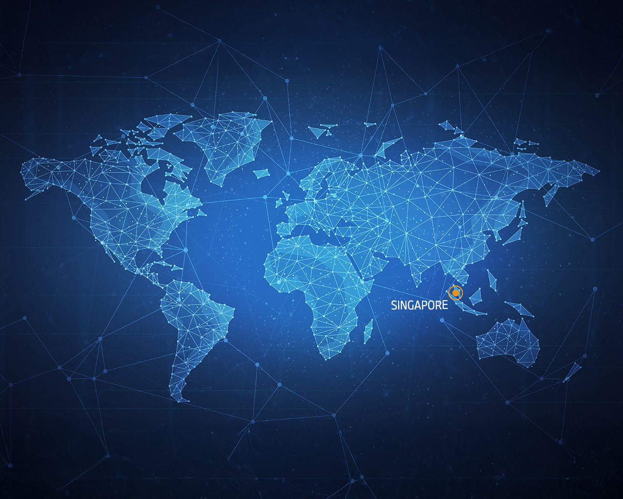 Weltkarte mit einem Netzwerk aus blauen Linien und Punkten. Singapore ist in orange hervorgehoben.