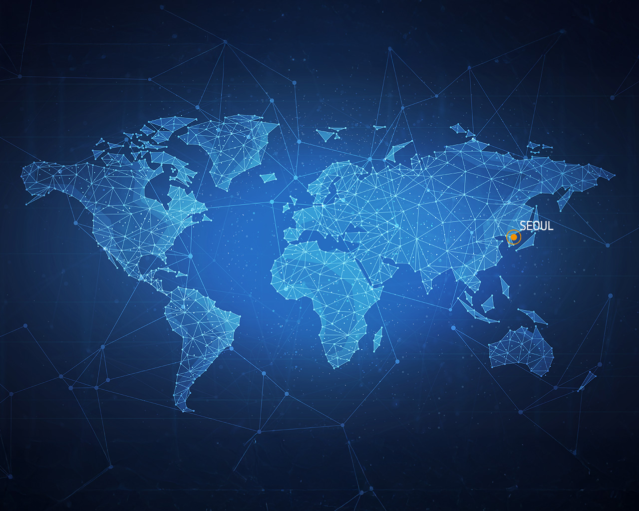 Weltkarte mit einem Netzwerk aus blauen Linien und Punkten. Seoul ist in orange hervorgehoben.