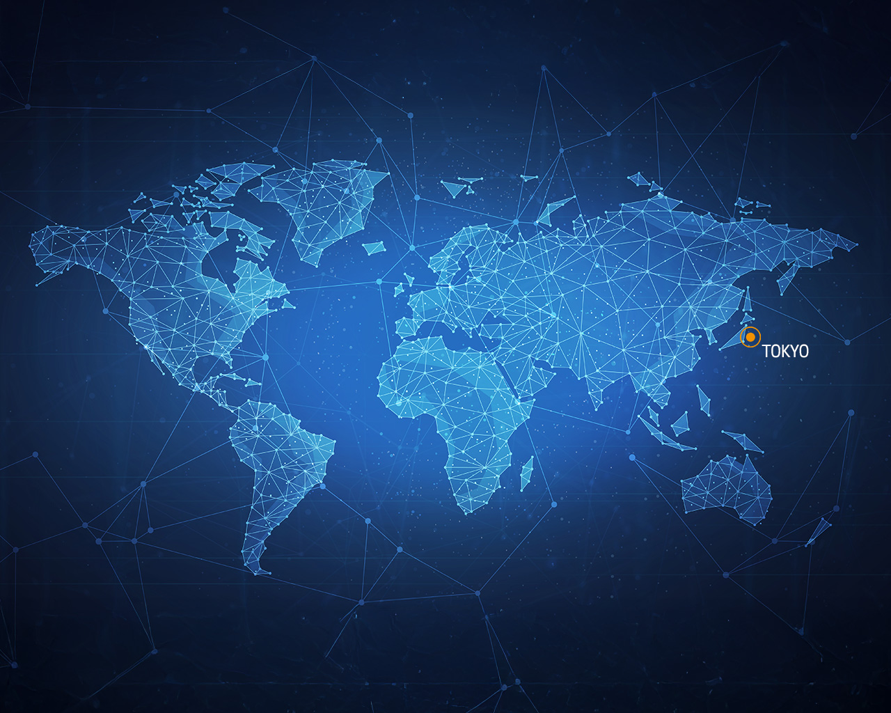 Weltkarte mit einem Netzwerk aus blauen Linien und Punkten. Tokio ist in orange hervorgehoben.