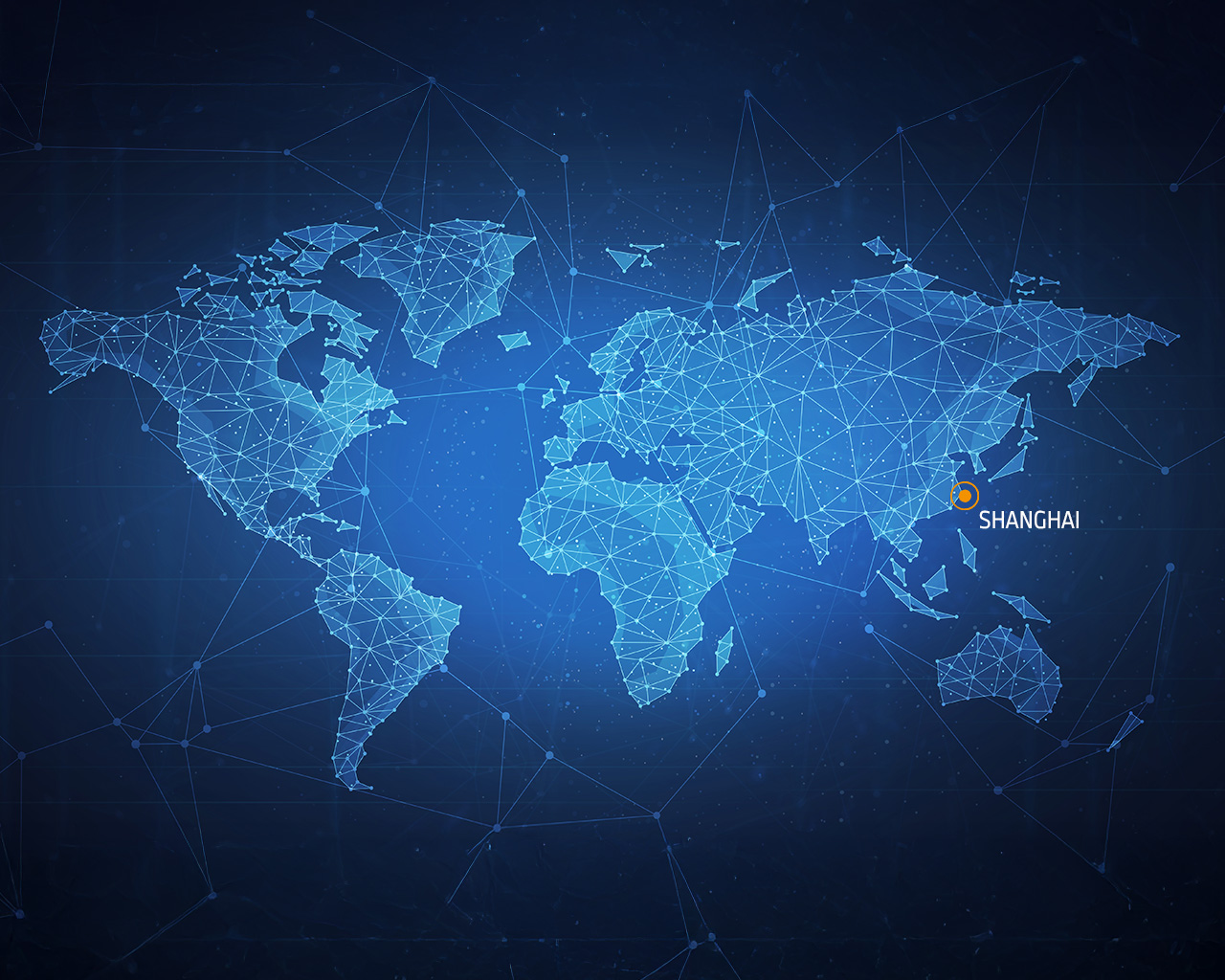 Weltkarte mit einem Netzwerk aus blauen Linien und Punkten. Shanghai ist in orange hervorgehoben.