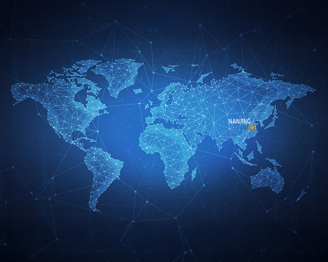 Weltkarte mit einem Netzwerk aus blauen Linien und Punkten. Nanjing ist in orange hervorgehoben.