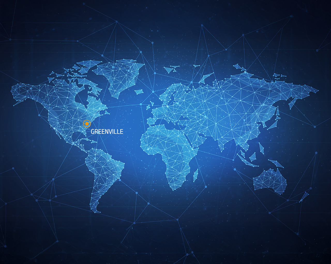 Weltkarte mit einem Netzwerk aus blauen Linien und Punkten. Greenville ist in orange hervorgehoben.