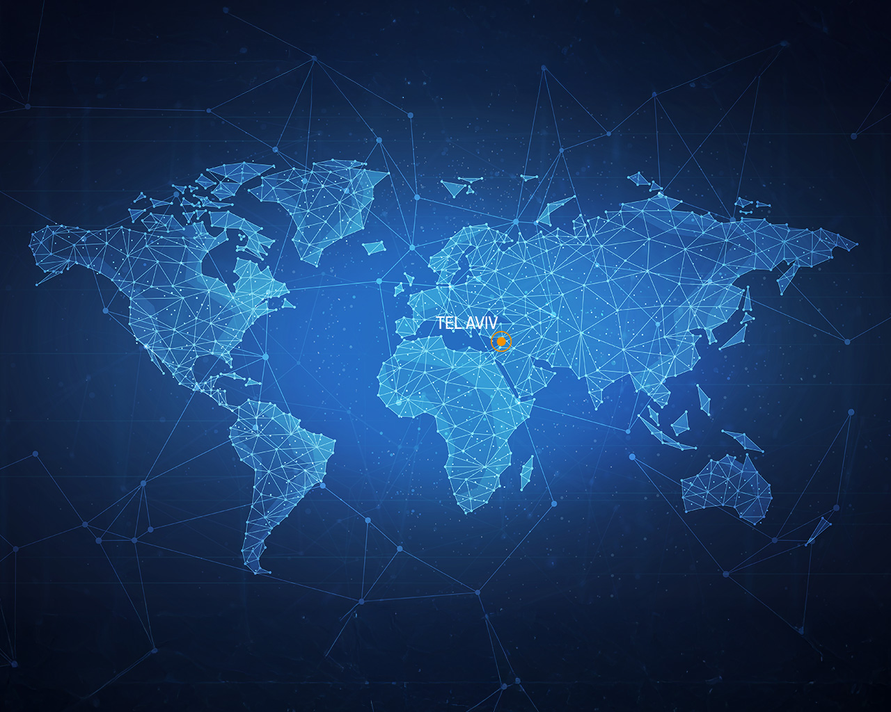 Weltkarte mit einem Netzwerk aus blauen Linien und Punkten. Tel Aviv ist in orange hervorgehoben.