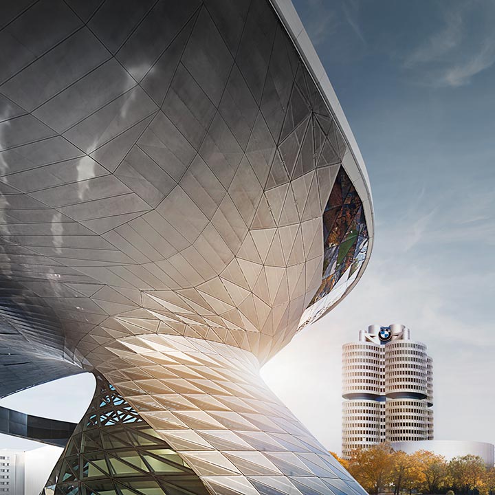 Blick auf das BMW Museum und das BMW Hochhaus