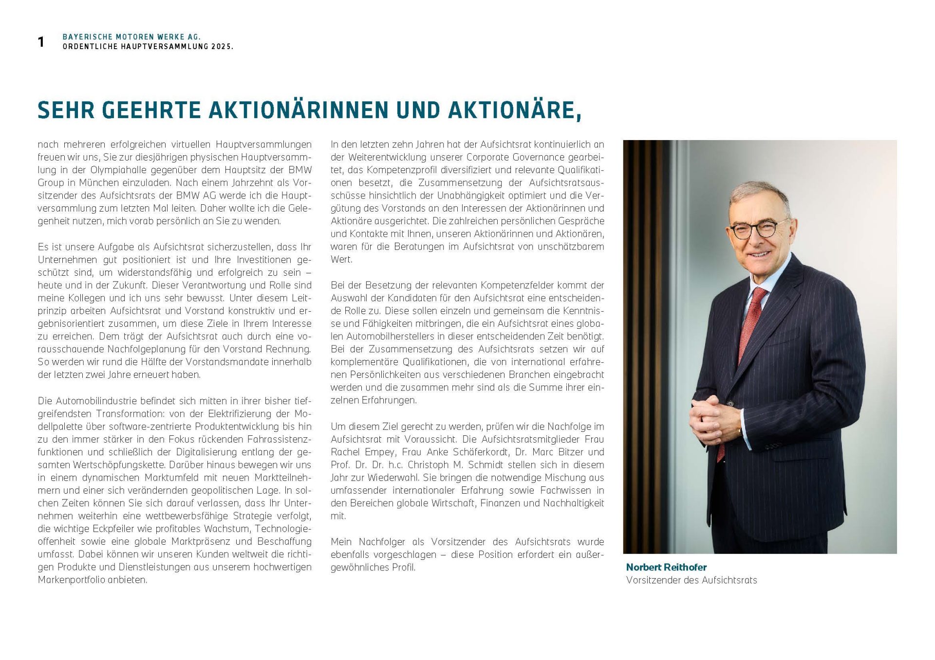 Doppelseite mit Text zur BMW Hauptversammlung 2025, links ein Grußwort an Aktionäre, rechts ein Porträt von Norbert Reithofer.