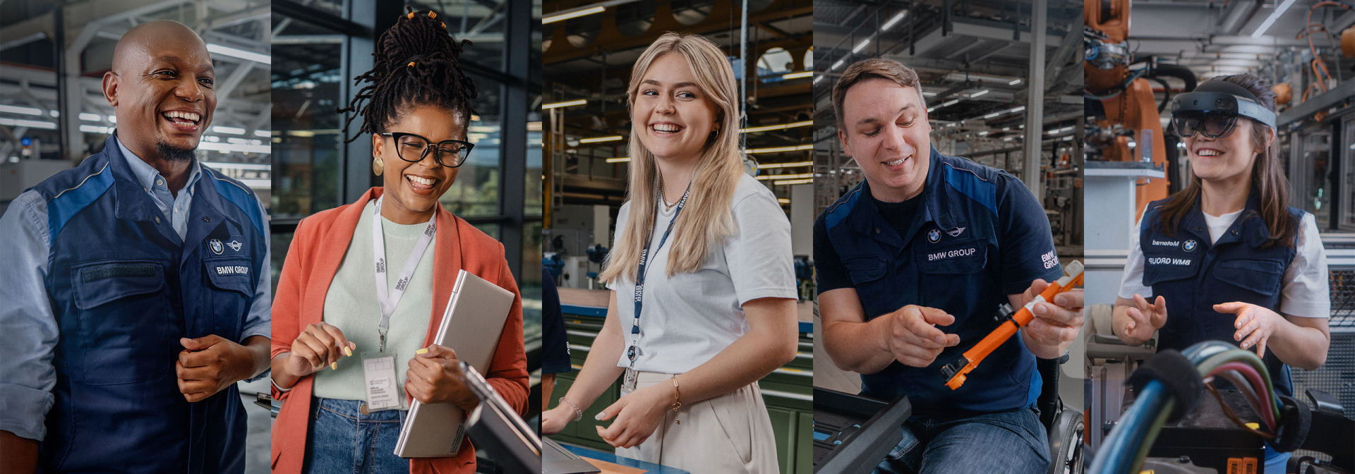 Eine Collage von Menschen, die an einer Montagelinie arbeiten, zeigt verschiedene Tätigkeiten und Teamarbeit.