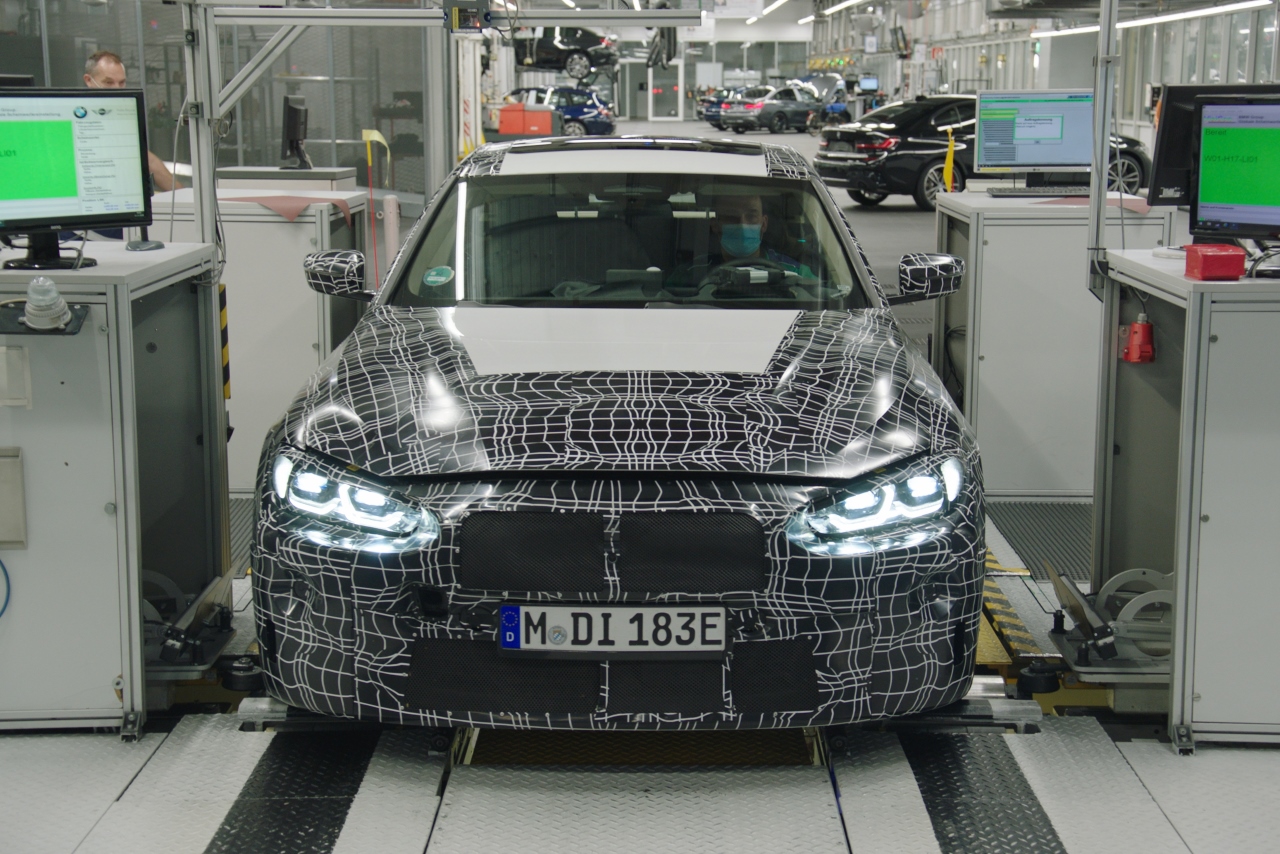 The BMW i4 in the factory, front view