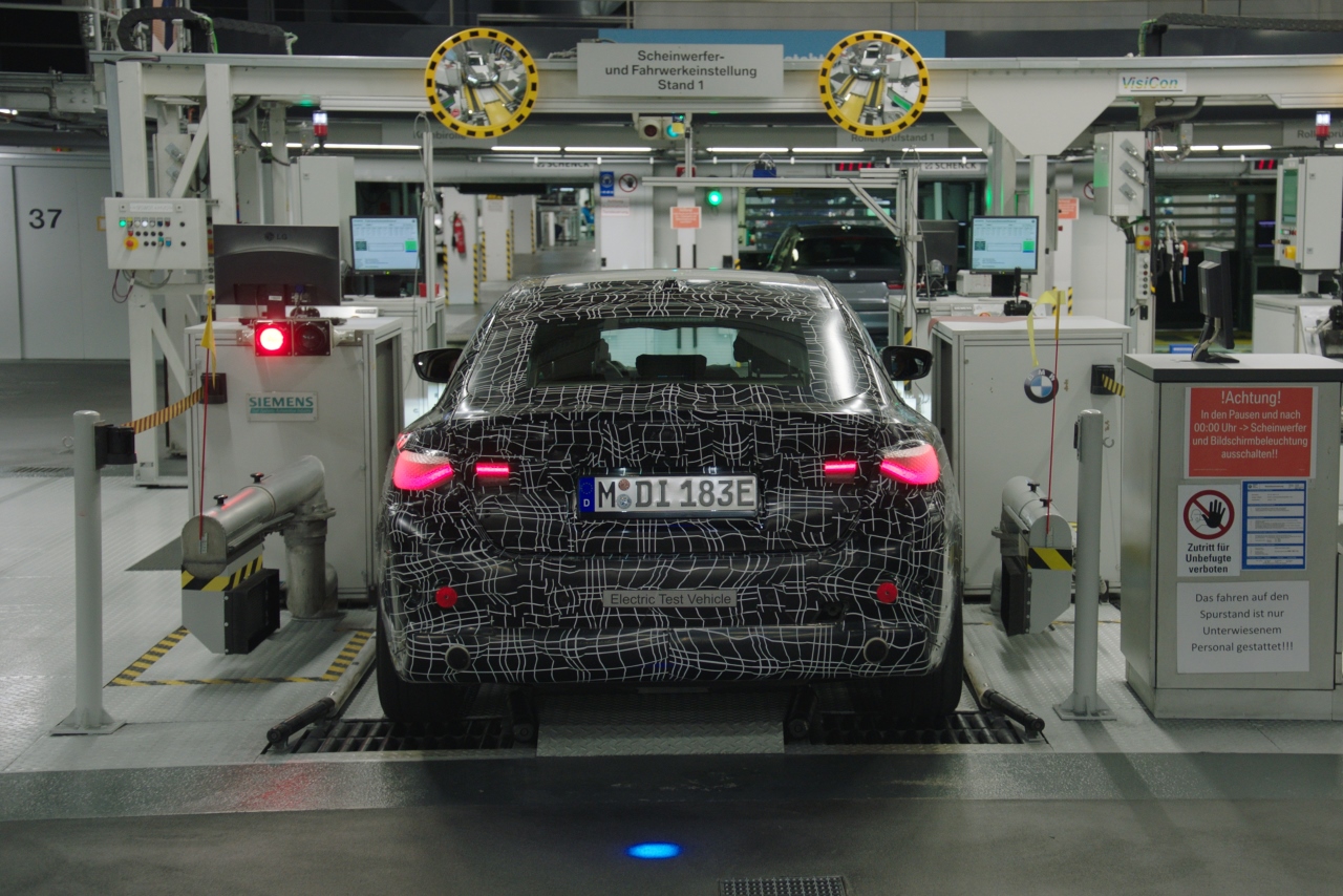 The BMW i4 in the factory, view from the rear