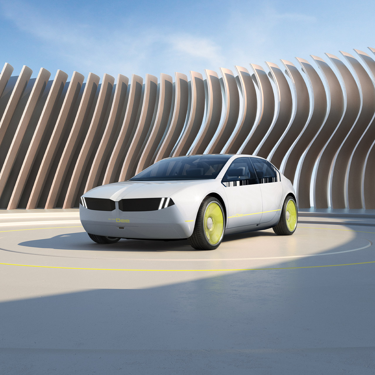 Weißer BMW i Vision Dee vor einer modern gestalteten Wand aus geschwungenen Metallteilen.