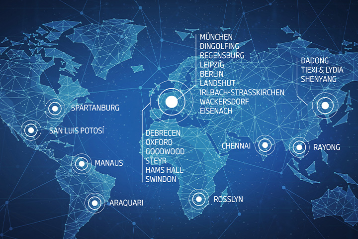 Weltkarte mit Standorten der BMW Group darauf markiert.