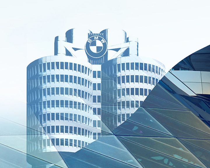 Abstract BMW Group Headquarter on light blue background.