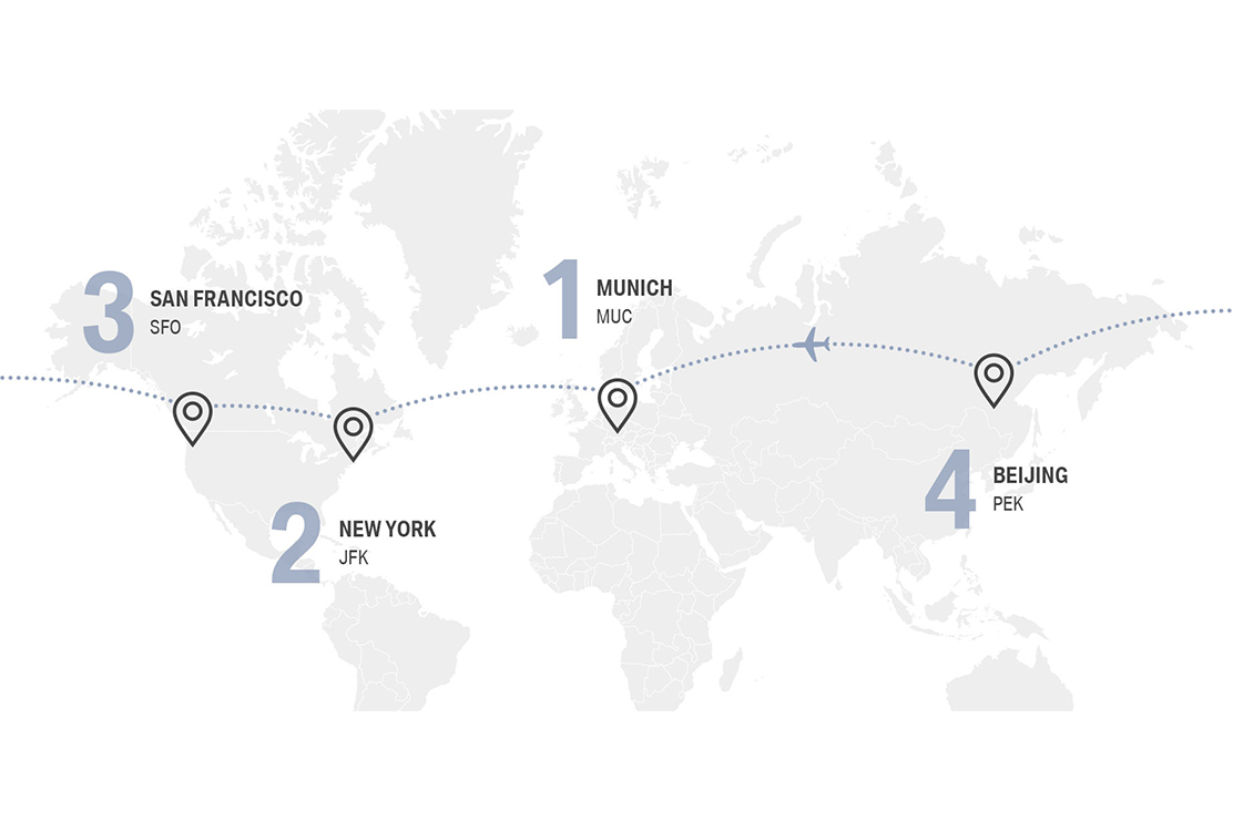 Map with the four destinations of the world flight