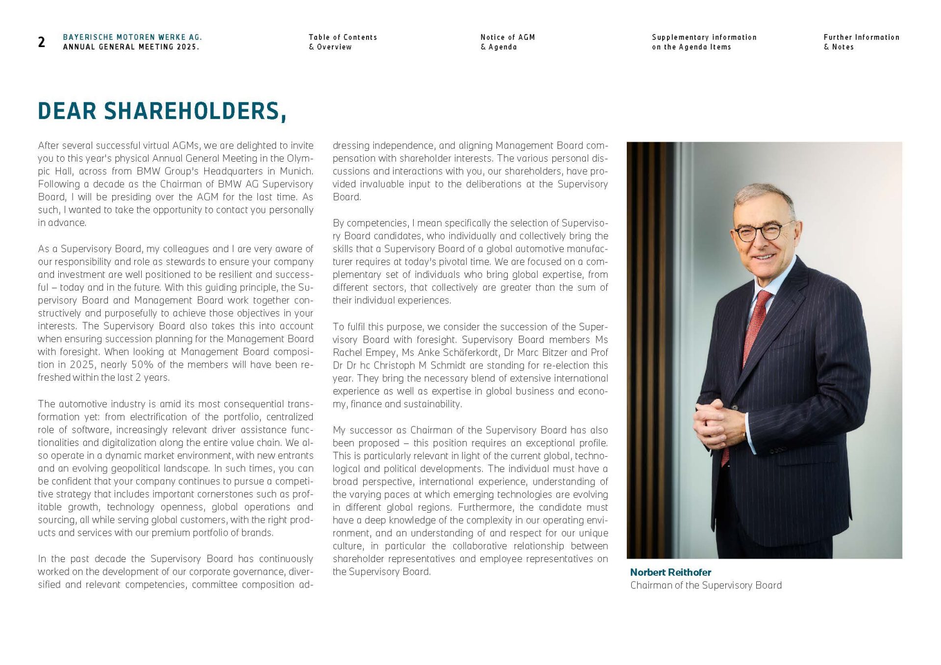 Double-page spread for BMW Annual General Meeting 2025, left a message to shareholders, right a portrait of Norbert Reithofer.