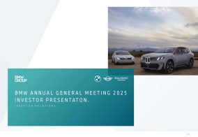 Title slide of BMW investor presentation for the 2025 Annual General Meeting, featuring the BMW Four-Cylinder Tower in grayscale.