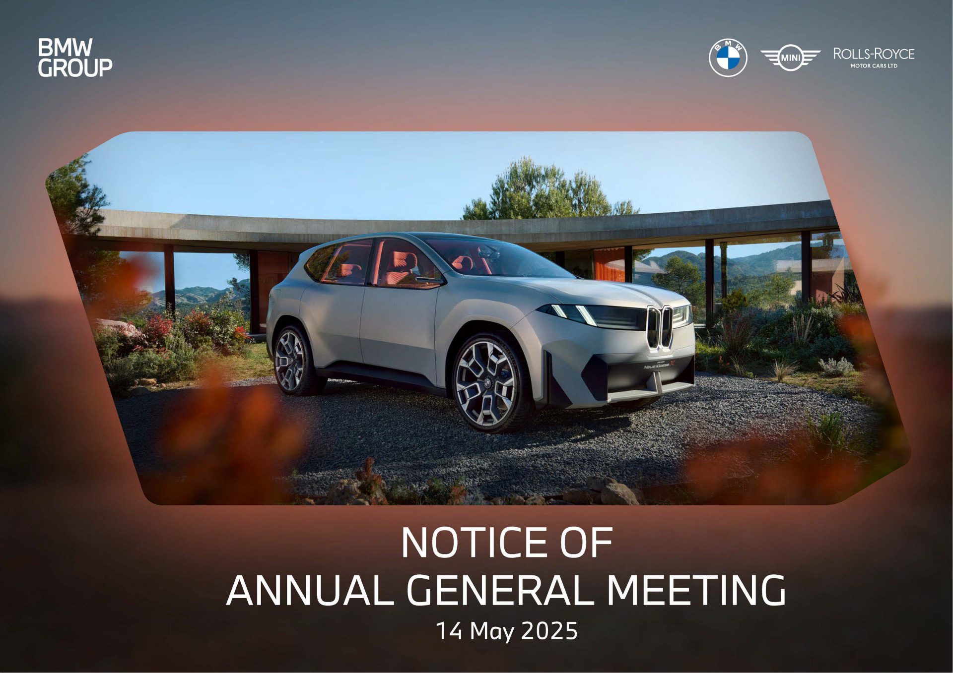Silver BMW SUV in front of circular architecture in daylight, announcing the Annual General Meeting on May 14, 2025.