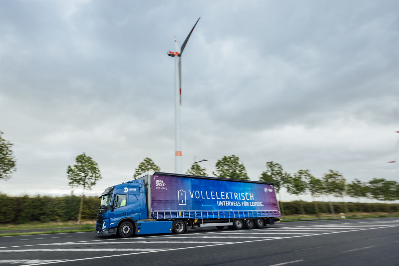 A fully electric truck out on the road.