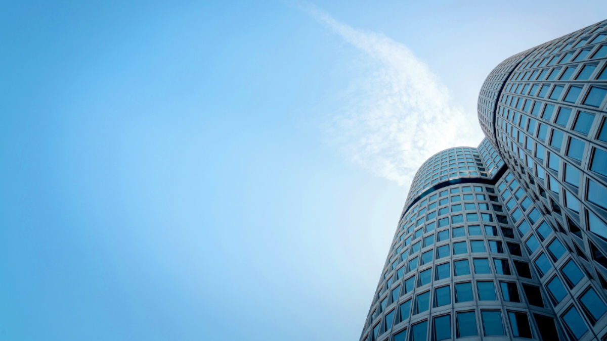 The BMW headquarters in Munich from a steep angle.