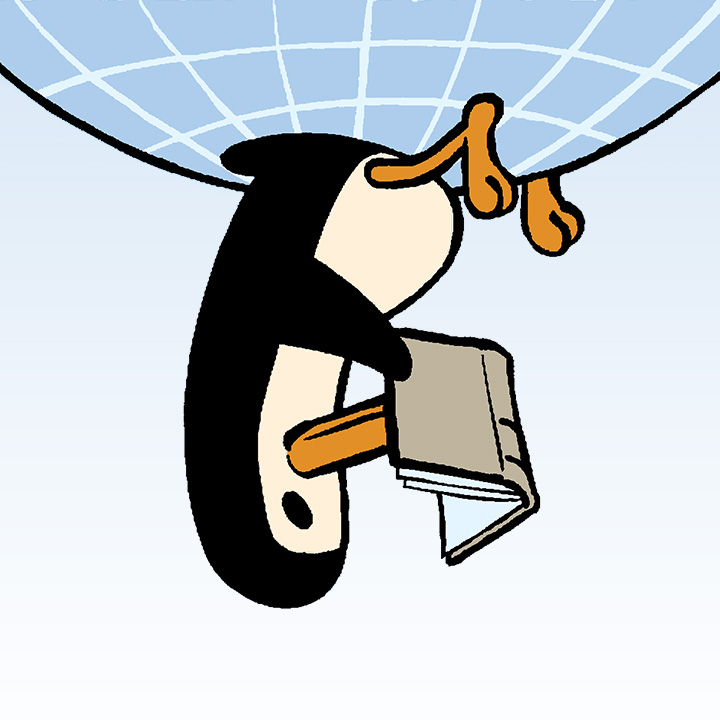 Drawing of a penguin reading a book on its head.